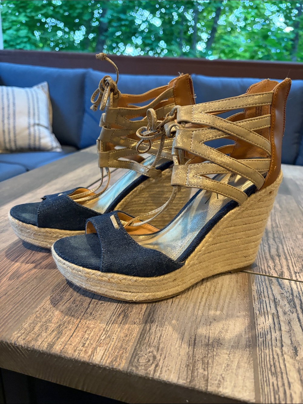 bebe Navy and Tan Espadrille Wedge Sandals